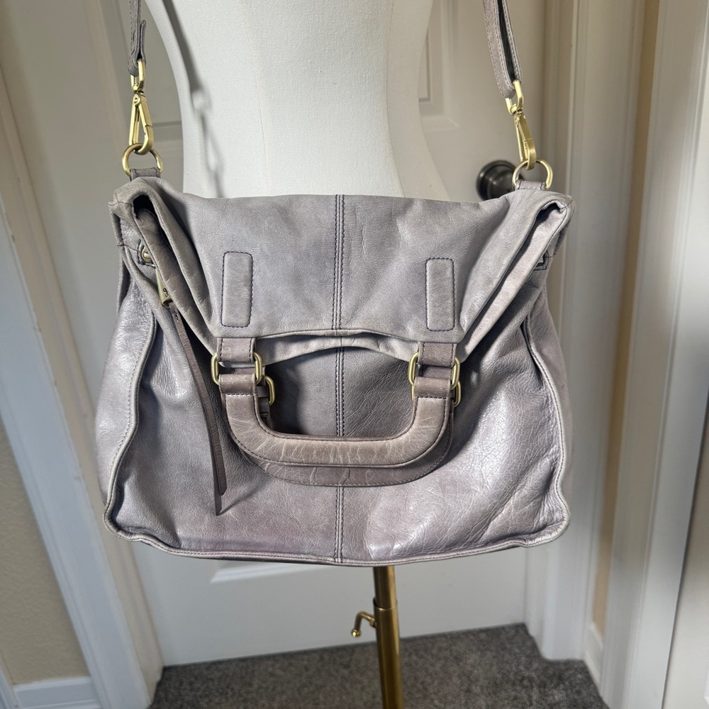 HOBO Leather Crossbody Bag Gray Foldover Slouch Shoulder Purse